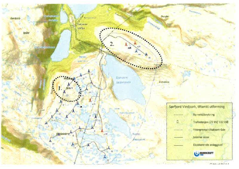 Side 8 Vedlegg. Kart over konsesjonsgitt planområde for Sørfjord vindkraftverk.