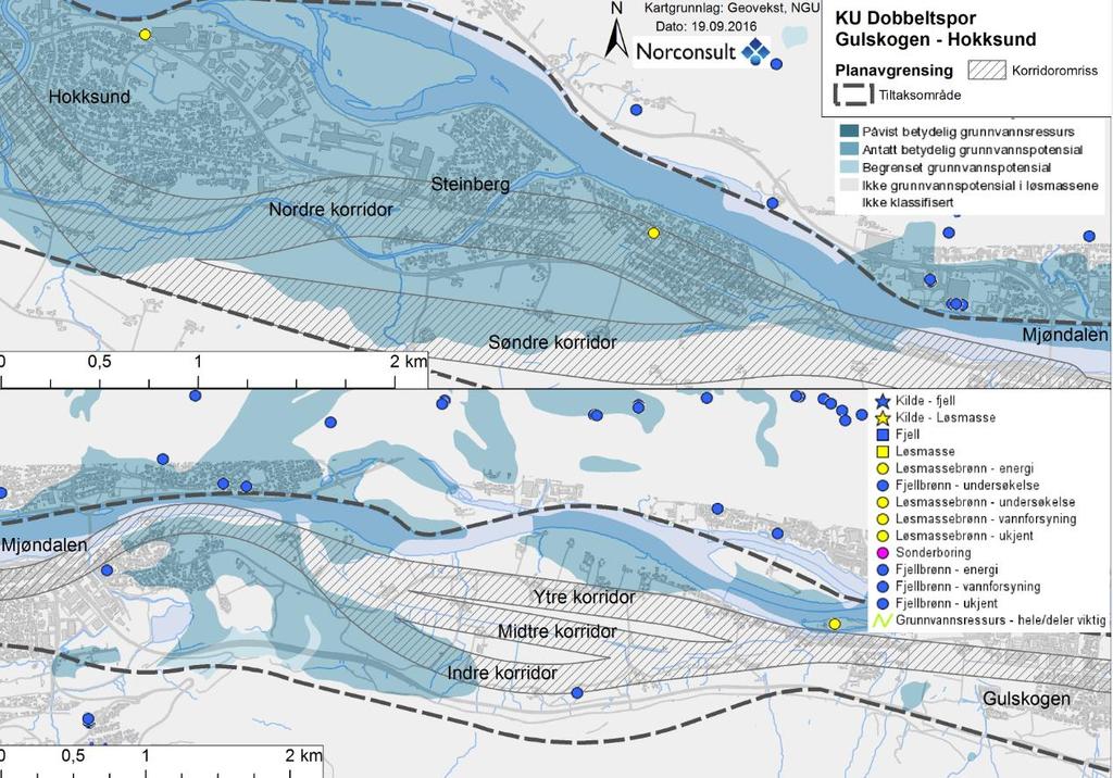 59 av 108 Figur 37: Grunnvannspotensial for områder som vil bli berørt av dobbeltspor Gulskogen. Punktene angir energibrønner (gul) og grunnvannsbrønner (blå). Kilde: NGU.