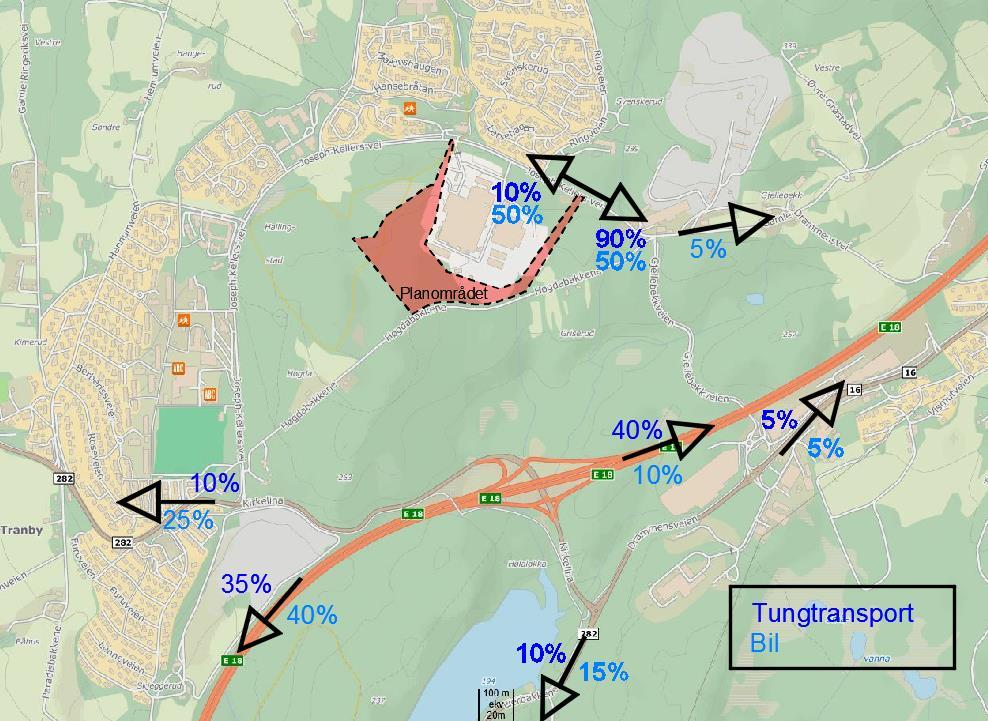 14 Figur 12. Fordeling av trafikken til-fra utviklingsområdet Timetrafikken på Joseph Kellers vei er beregnet med utgangspunkt i ÅDT, hentet fra lokal trafikktelling og med 10 % timeandel i rushtime.