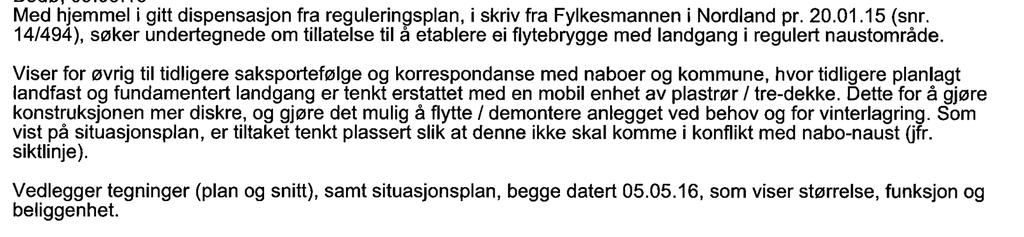 Bakgrunn for saken: Søknaden gjelder dispensasjon fra reguleringsplanen og fra byggeforbudet i strandsonen for utlegging av flytebrygge i Porsvika i Skjellvik hytteområde.