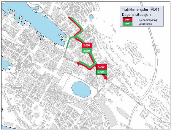 2. Trafikkanalyse og strategivalg for trafikkavlastning av middelaldergaten Trafikken gjennom nordre del av Kong Oscars gate er beregnet til ca.