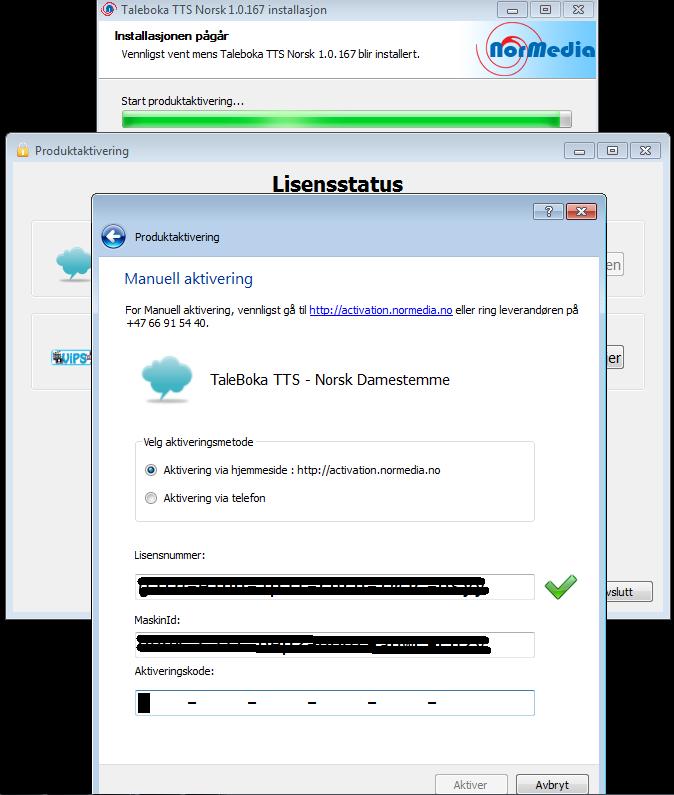 Fyll ut lisensnummeret og maskin-id (6x4 tegn). Aktiveringen tar kort tid og du får melding med aktiveringsnøkkelen - se svarvinduet nedenfor.