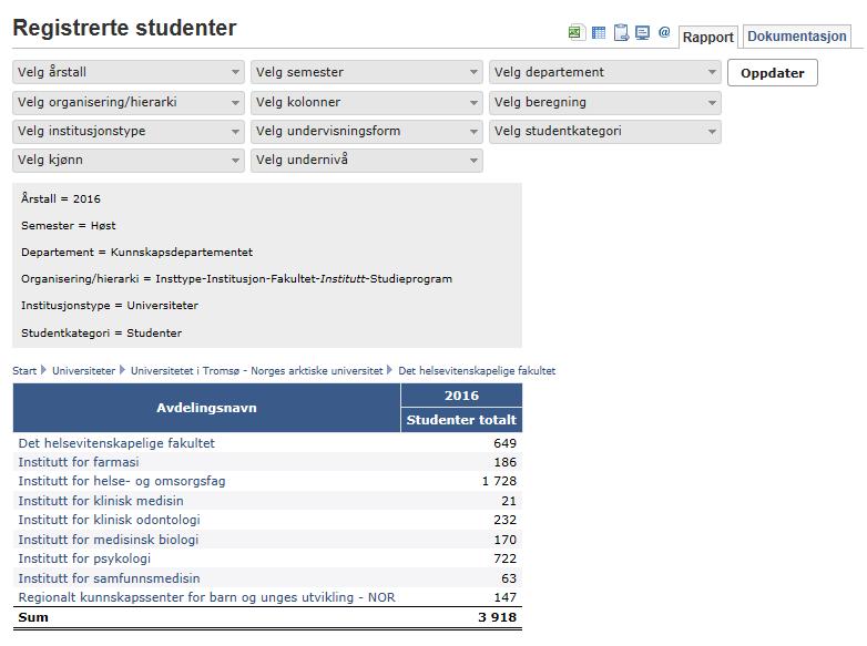 2.2 Studiepoengproduksjon 2.2.1 Registrerte studenter Gå til studenter, underkategori registrerte studenter og velg rapport 1, registrerte studenter, kulepunkt enkeltår.