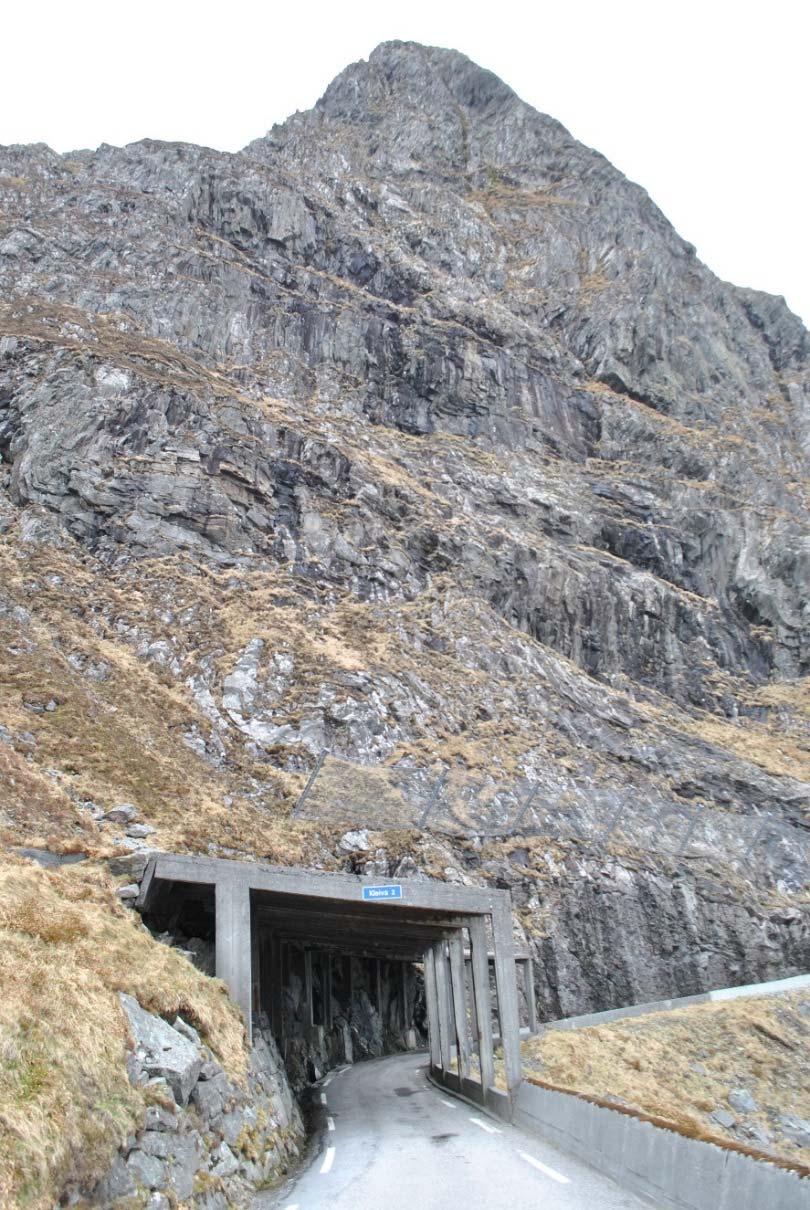 Biletet viser fjellet over Kleiva 2 og fangnettet som vart satt opp i 2012. Fotograf Ingrid Hynne Hausten 2014 gjekk det eit steinsprang som slo hol på det eine overbygget.