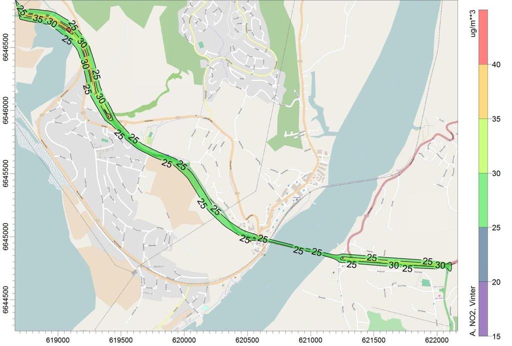Vintermiddel NO 2 De høyest beregnede verdiene ligger på omkring 35 µg/m 3. De områdene med de høyeste beregnede verdiene er vurdert til å ligge på langs.