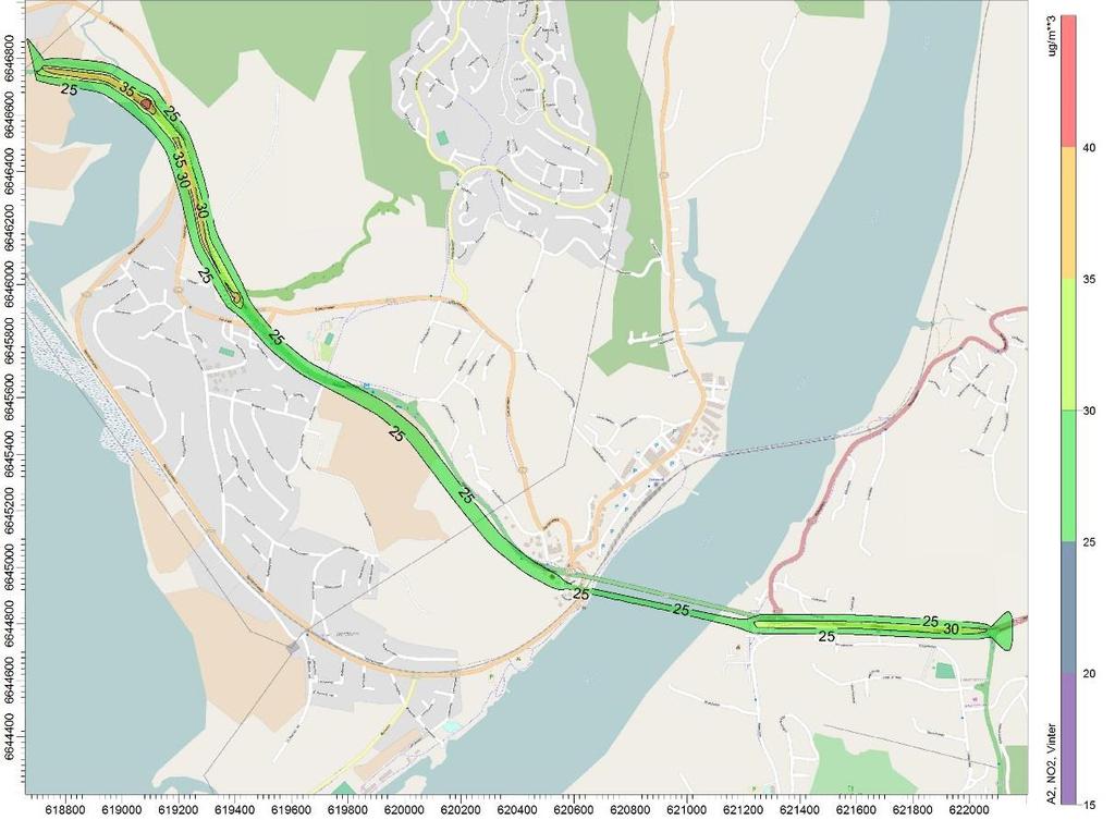 Vintermiddel NO 2 De høyest beregnede verdiene ligger på omkring 35 µg/m 3. De områdene med de høyeste beregnede verdiene er vurdert til å ligge på langs.