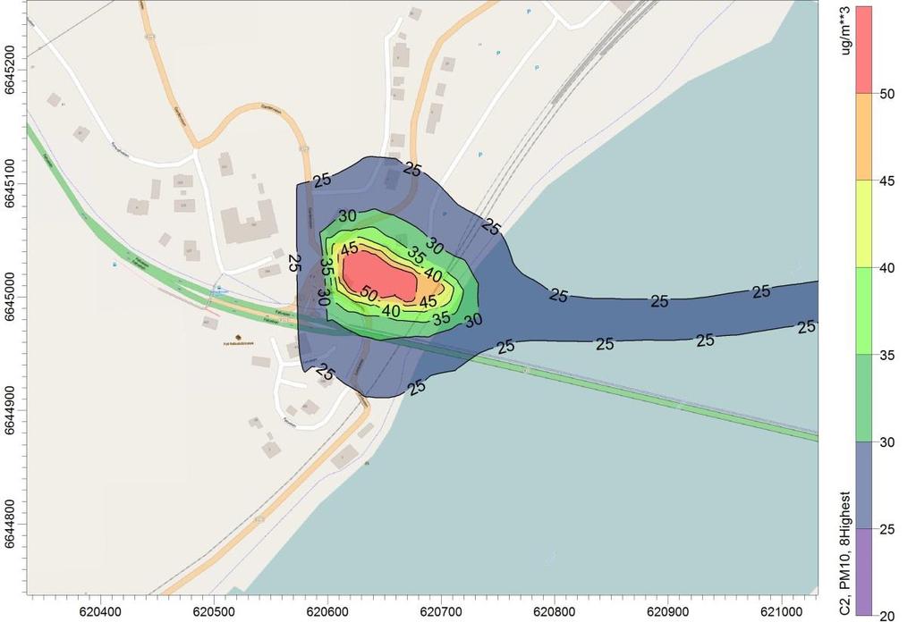 Den 8.høyeste døgnmiddel PM 10 Tunnel øst De høyeste beregnede verdiene ligger på omkring 50 µg/m 3.