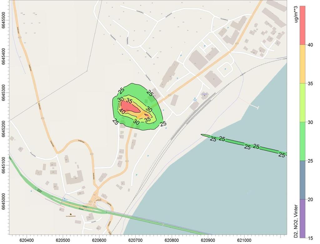 Vintermiddel NO 2 Tunnel øst De høyeste beregnede verdiene ligger på omkring 40 µg/m 3. De områdene med de hvor mennesker normalt oppholder seg ligger de beregnede verdiene på omtrent 30 µg/m 3.
