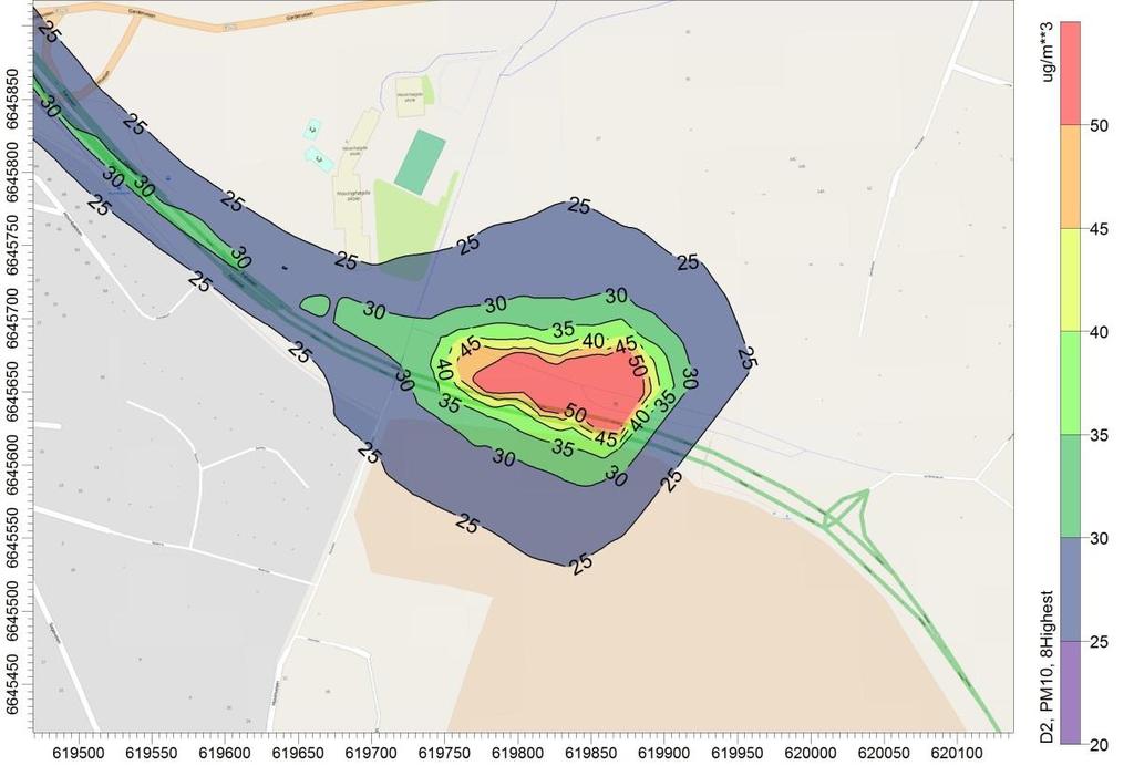 Den 8.høyeste døgnmiddel PM 10 Tunnel vest De høyeste beregnede verdiene ligger på omkring 50 µg/m 3.