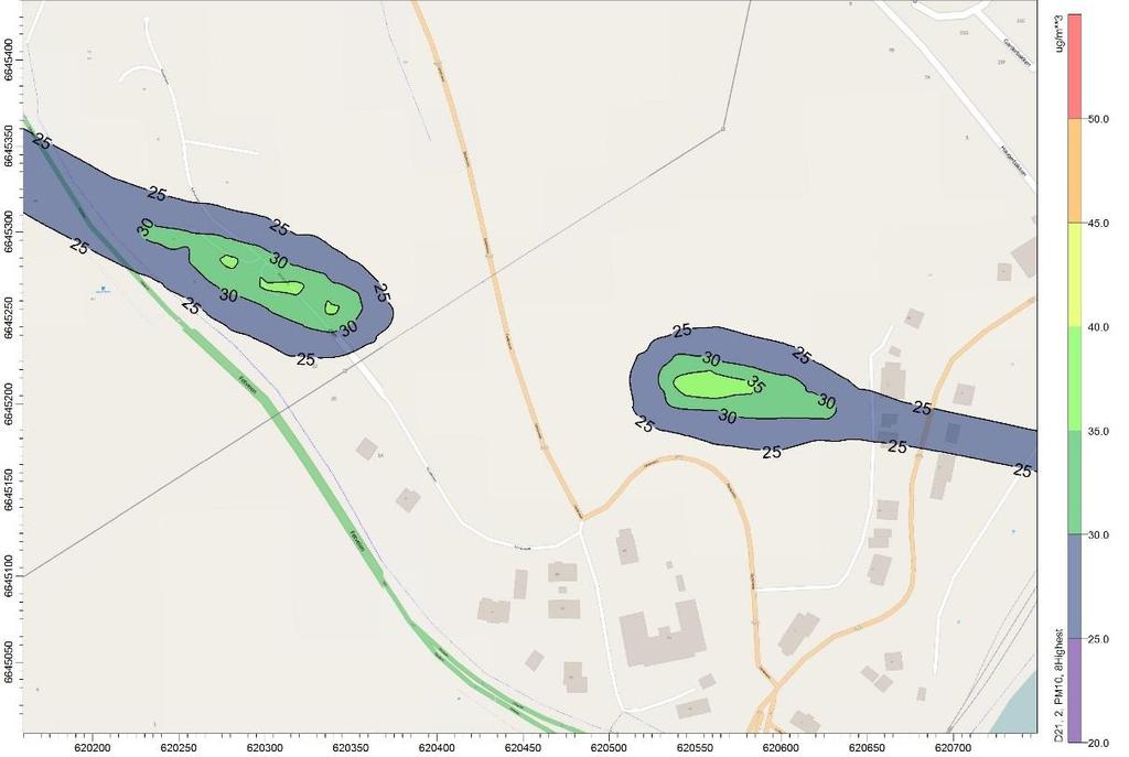 Den 8.høyeste døgnmiddel PM 10 Tunnel De høyeste beregnede verdiene ligger på omkring 35 µg/m 3.