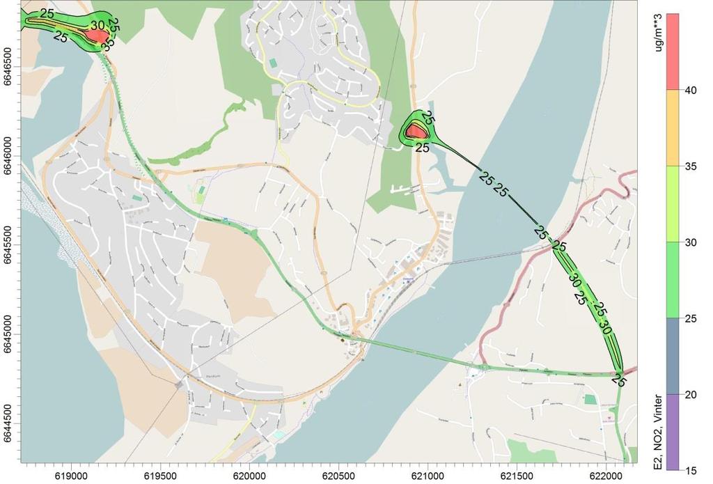 Vintermiddel NO 2 De høyeste beregnede verdiene ligger på omkring 40 µg/m 3. De områdene med de hvor mennesker normalt oppholder seg ligger de beregnede verdiene på omtrent 40 µg/m 3.