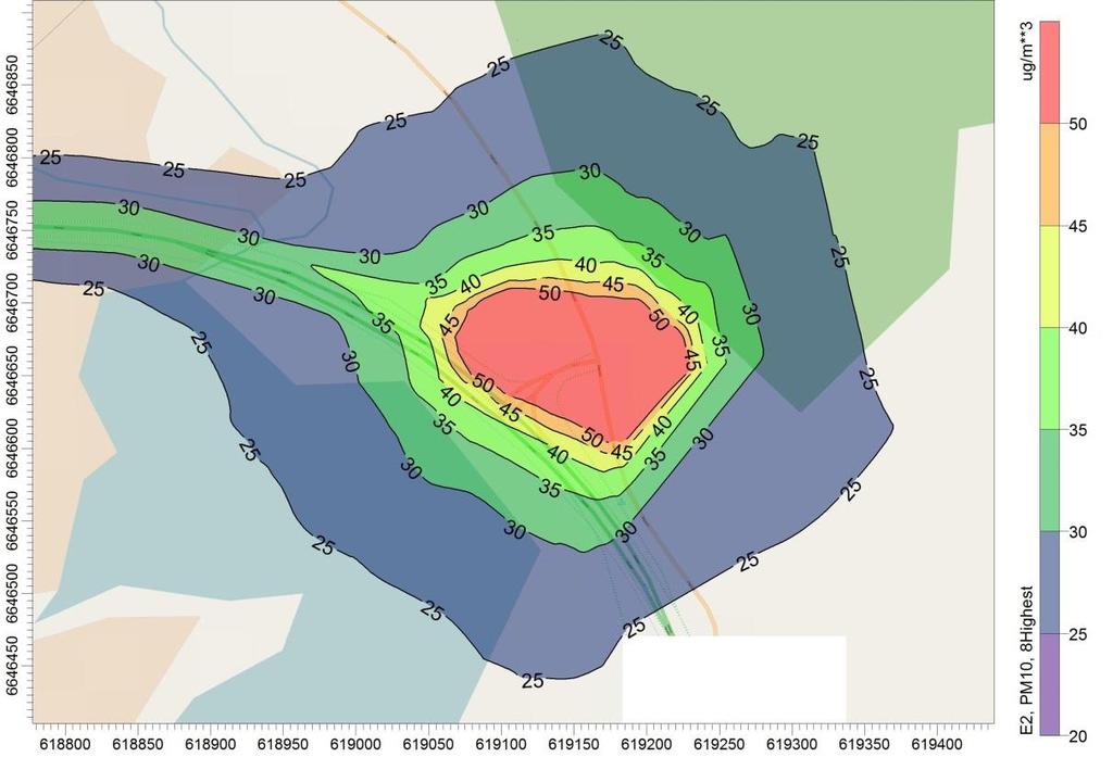 Den 8.høyeste døgnmiddel PM 10 Tunnel vest De høyeste beregnede verdiene ligger på omkring 50 µg/m 3.