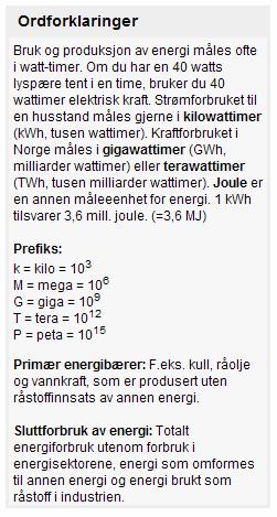 6.2 Nøkkeltall og ordforklaringer 6.3 Energibruksutvikling i landssammenheng De viktigste energibærerne i Norge er elektrisitet og olje. Olje brukes først og fremst til transportformål.