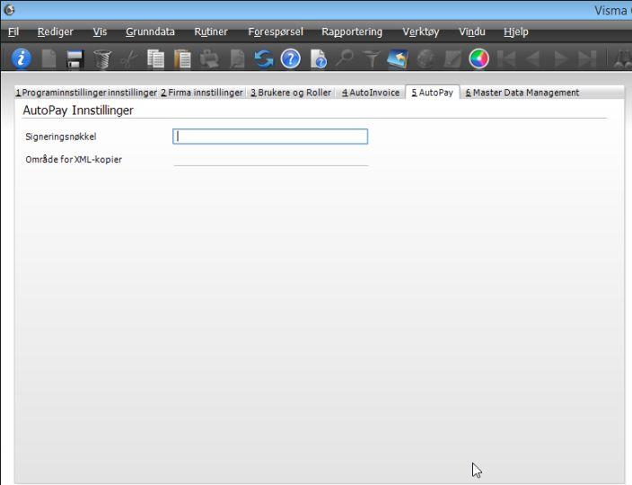 7. Inne i Visma.net, gå inn på Autopay-fanen Firmainformasjon og kopier signeringsnøkkelen knyttet til deres Org.nr. Org.nr i Visma.net Autopay må matche med Org.nr i Visma Global. 8.