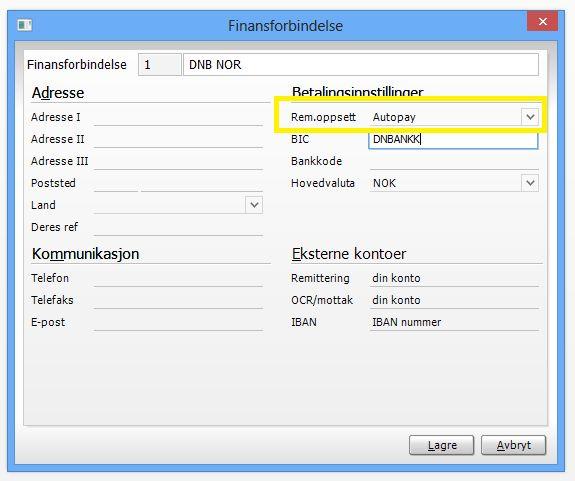Dobbeltklikk på finansforbindelsen: Under remit.oppsett på finansforbindelsen, velg Ny verdi. Du får opp neste ledige remit.oppsettnr. Legg inn ønsket navn på den, f.eks Autopay.
