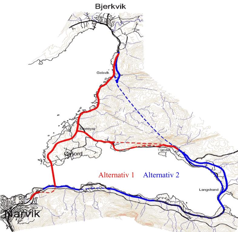E6 Narvik-Bjerkvik: Sammenlikning alternativ 1 og 2 Alternativ 1 (med bru): Totalkostnad 2450 mill kr (2008) Basert på reguleringsplan