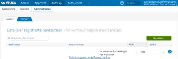 Visma.net AutoPay Visma.net AutoPay muliggjør integrasjonen med banker som brukes til å sende utgående betalinger. Hvordan opprette en avtale? AutoPay / Administrasjon / Avtaler.