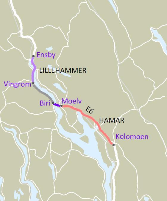 E6 Mjøsregionen to utbyggingsetapper Parsell Lengd e Plan-status ÅDT (2014) Antall tunneler Antall bruer Antall toplanskr yss Etappe 2 Moelv Ensby 13-14 mrd kr inkl. mva 37 km + 2-5 km?