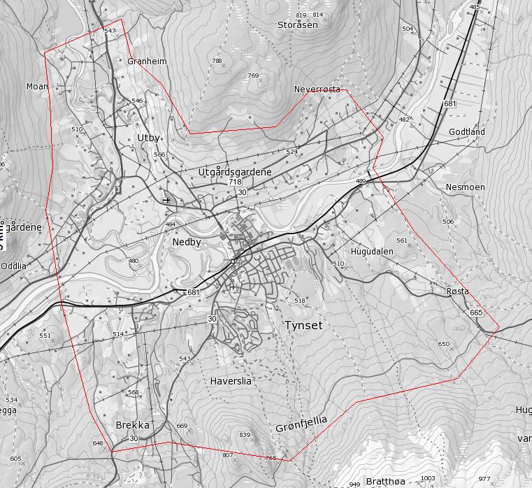 Sak 133/14 Bilde viser foreslått plangrense (rødt) mellom ny kommunedelplan Tynset tettsted 2007 og ny hovedplan for Tynset.