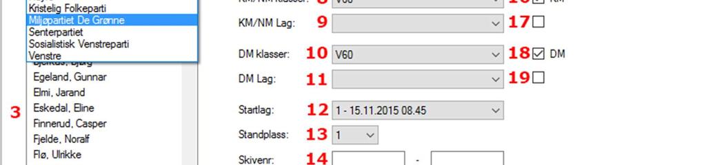 Velg aktuell øvelse fra listen. 7. Velg klassen skytteren deltar i. 8. Velg aktuell klasse for skytteren dersom det er et NM/KM. 9. Velg aktuelt lag dersom skytteren deltar i et lag ved NM/KM. 10.