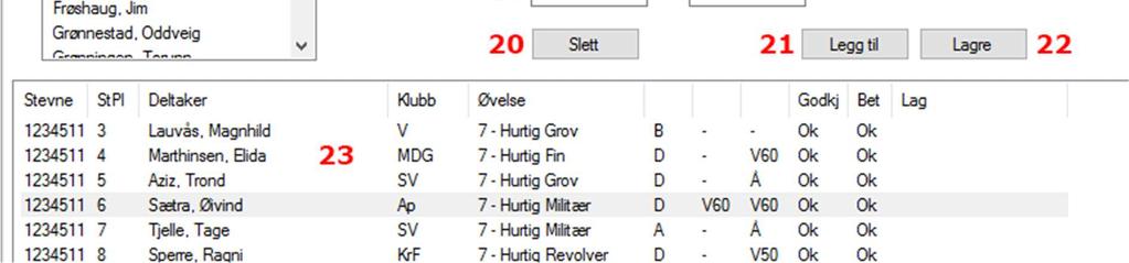 13. Velg hvilken standplass skytteren står på. 14. Skivenummer fra og til. Benyttes i hovedsak ved luftpistolstevner. 15. Viskelæret tømmer feltene for data. 16.