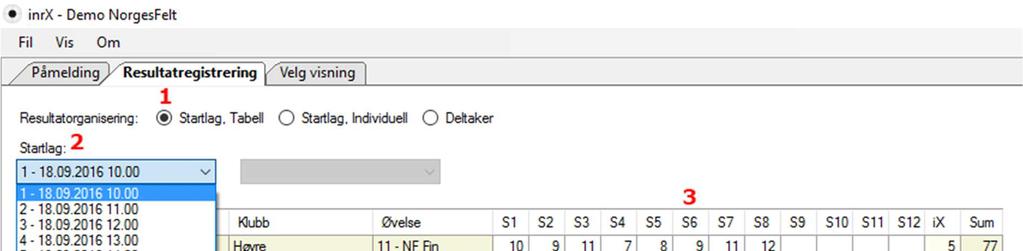 Resultatregistrering Startlag, Tabell I denne fanen registrerer du resultater fra skyteøvelsene.