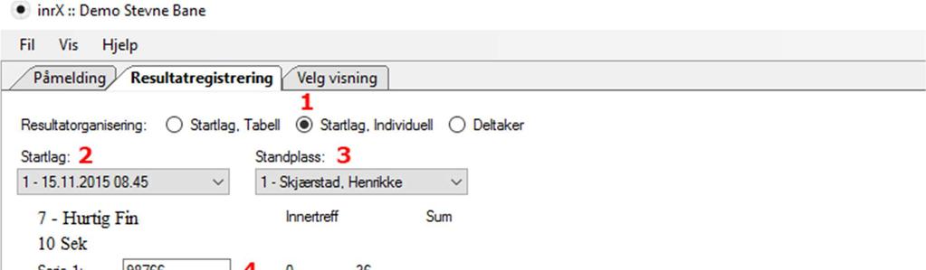 Resultatregistrering Startlag, Individuell I denne fanen registrerer du resultater fra skyteøvelsene. Dette valget egner seg for banestevner. 1.
