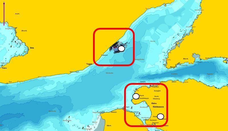 Figur 1: Aktuelle meteorologiske stasjoner, Narvik lufthavn og Fagernesfjellet (hvite punkter i den sørligste røde boksen), samt måleposisjon for vannstrøm ved Gammelveggen (hvitt punkt i rød boks i