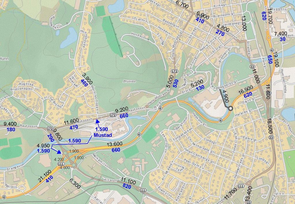 Tabell 2-8: Planforslaget Mustad; beregning med minimumsnorm for parkering (sone I&II) Mustad Kallerud Utbygging Personturer Biltrafikk døgn Parkering Planlagt utbygging Areal Person G/S Buss Bil Sum