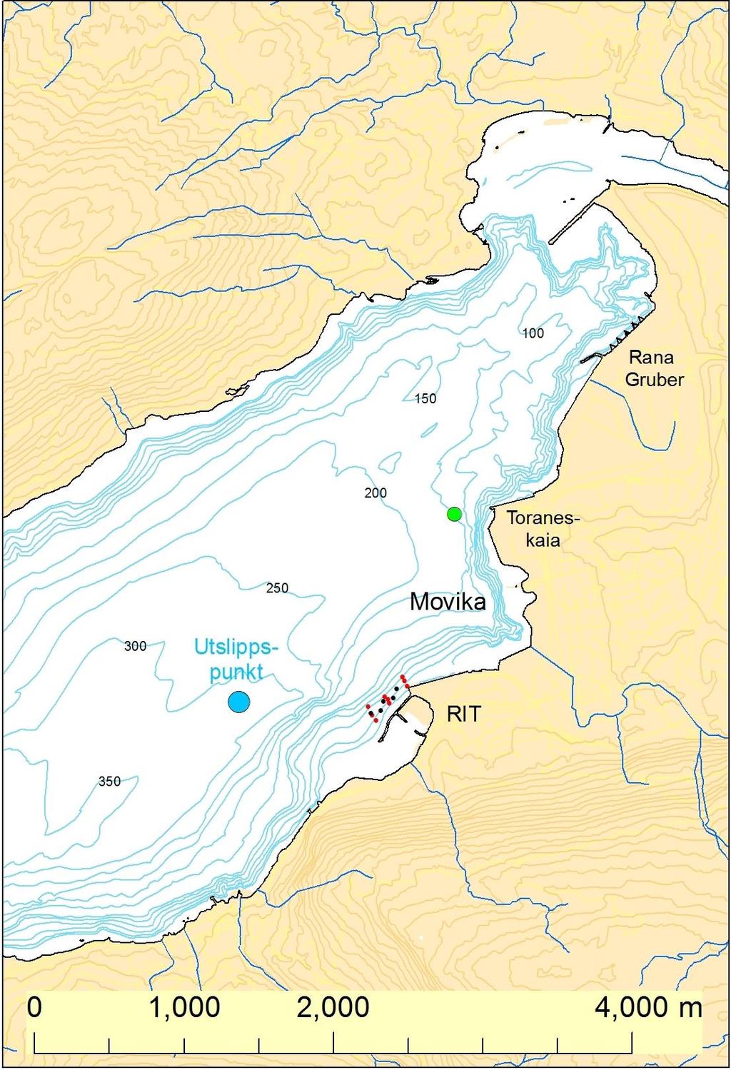 Figur 1. Kart over innerste del av Ranfjorden hvor Ranelva renner ut. Dybdekoter er tegnet opp med blå linjer.
