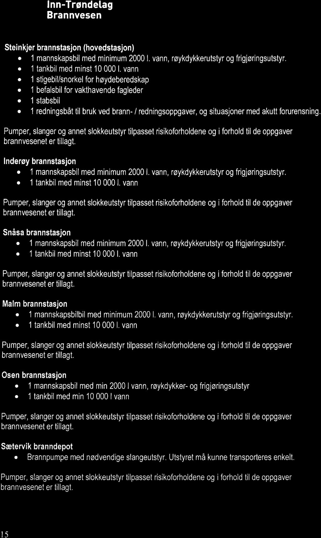 lnn-trøndetag Stei nkjer bran nstasjon (hovedstasjon). 1 mannskapsbil med minimum 2000 l. vann, røykdykkerutstyr og frigjøringsutstyr.. 1 tankbil med minst 10 000 l. vann. 1 stigebil/snorkel for høydeberedskap.