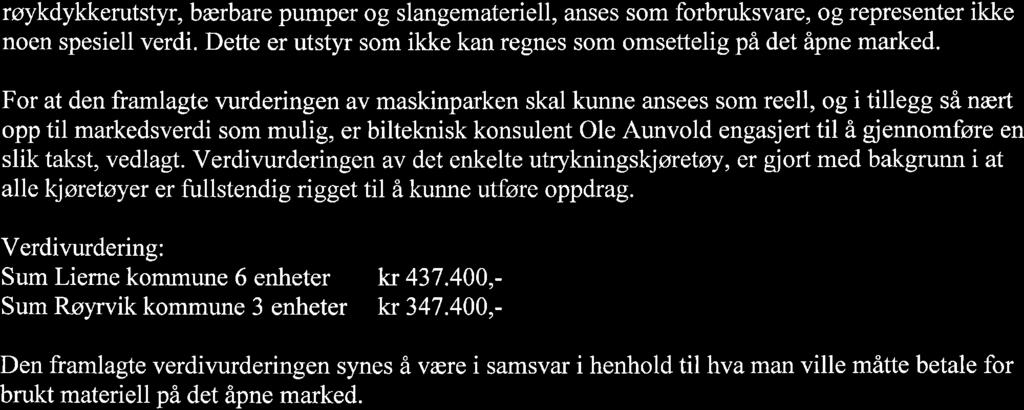 røykdykkerutstyr, bærbare pumper og slangemateriell, anses som forbruksvare, og representer ikke noen spesiell verdi. Dette er utstyr som ikke kan regnes som omsettelig på det åpne marked.