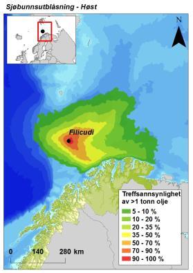 Figur 5 Sesongvise sannsynligheter for treff av mer enn 1 tonn olje i 10 10 km sjøruter gitt en sjøbunnsutblåsning fra letebrønn 7219/12-1 Filicudi.