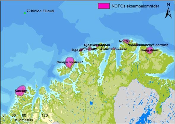 Figur 6 Lokasjon av eksempelområdene langs Finnmarkskysten. 2.9 Vurdering av miljørisiko 2.9.1 Utvalgte Verdifulle Økosystem Komponenter (VØK) Tabell 9 viser utvalgte VØK inkludert i analysen for referansebrønn Filicudi.