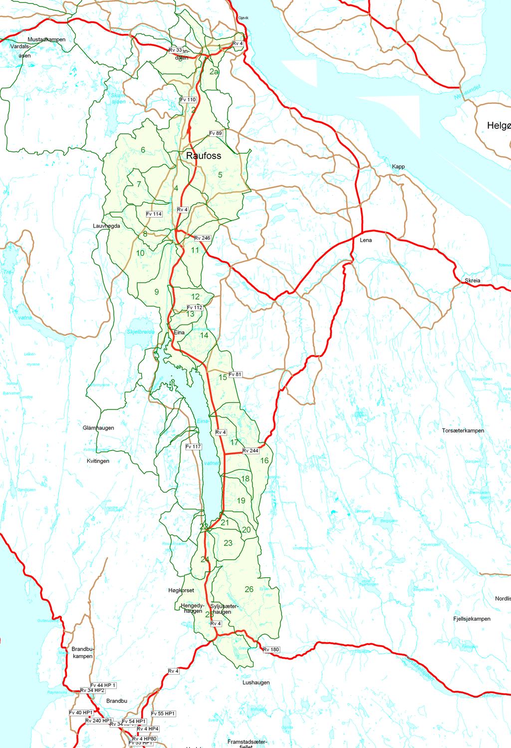 Vannområdet Hunnselva Rapport for nedbørsfeltene 1-10 Kommunene Østre Toten, Vestre Toten, Søndre Land, Nordre Land, Gjøvik Beregning av totalproduksjon av forurensninger fra vei = den totale mengden