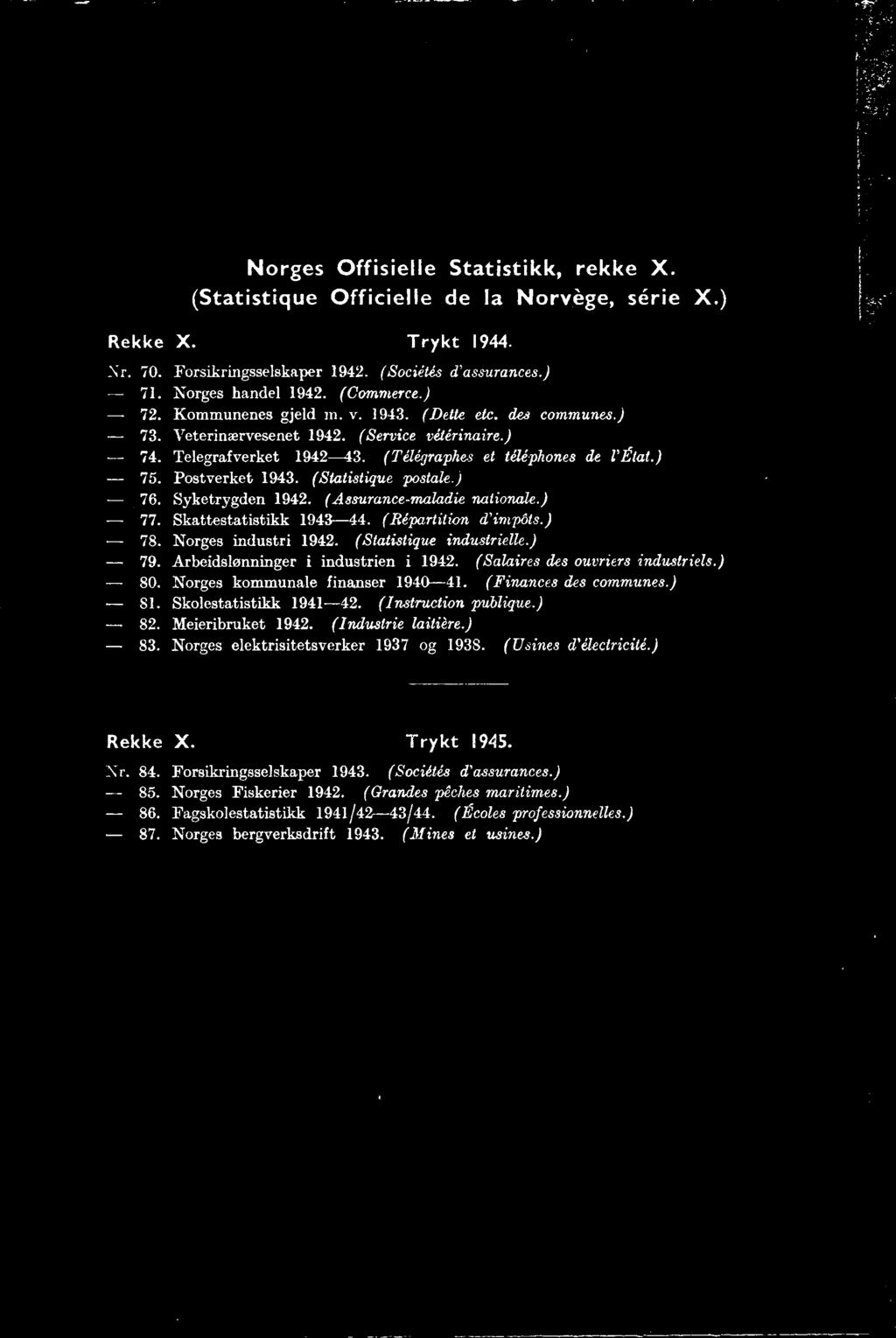Skolestatistikk 1941-42. (Instruction publique.) - 82. Meieribruket 1942. (Industrie laitière.) - 83. Norges elektrisitetsverker 1937 og 1938. (Usines d'électricité.) Rekke X. Trykt 1945. Nr. 84.