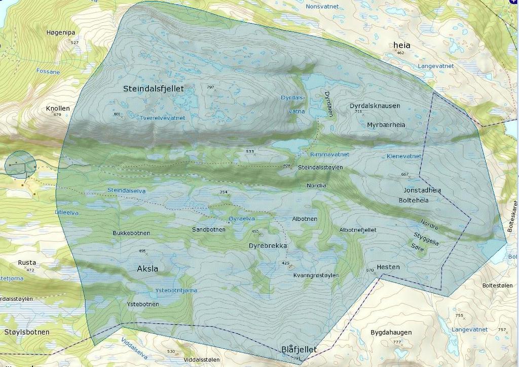 Kartet over dei 2 Lokalt viktige friluftsområda i Steindalen er kopiert frå www.fylkesatlas.