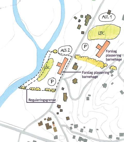 4 Utvikling av ny barnehage på Ålhus. Skisseforslaget viser plassering av barnehage/ samfunnshus, samt muligheter for utvikling av områdene rundt bygningene.