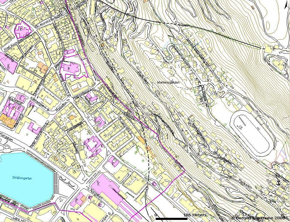 4. OMRÅDEBESKRIVELSE N Fig. 1 Figur 1- Oversiktskart over delområde 9. Delområde 9 strekker seg fra Øvre Korskirkeallmenning i nordvest, til forbi idrettsbanen på Skansemyren i sørøst.