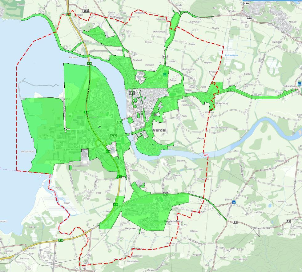 Ydsedalen Ørin Kirkehau g Tinden Baglan/Berg Områder med planer som vurderes opphevet er markert med grønn farge. Kommunedelplanens avgrensning er vist med rød stiplet linje.