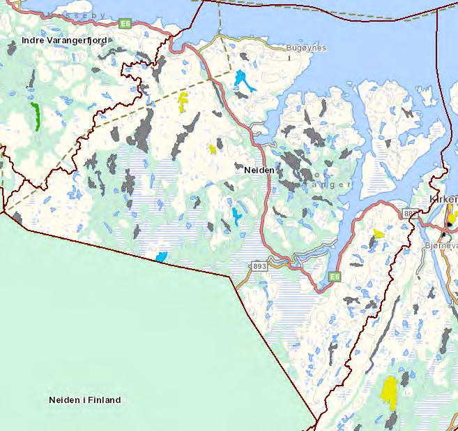 Neiden, økologisk tilstand i innsjøvannforekomster (kilde NVE, http//:vann-nett) Blå = Svært god Grønn = God Gul = Moderat Orange = Dårlig Rød = Svært dårlig Grå = Udefinert Svart = Tilstand ikke