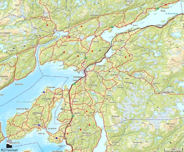Mot: N. Kart:Norgeskart.no. Ill.: VH. Figur 3: Oversikt over borgene i Steinkjer og Inderøy kommune.