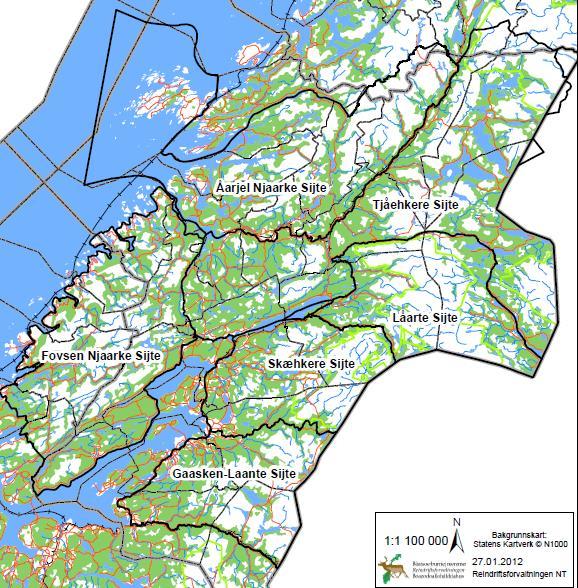 Nord-Trøndelag reinbeiteområde 6 reinbeitedistrikter 39 Siidaandeler: Feren/Gasken-Laante 4 Skjækerfjell/Skæhkere 5 Luru/Låarte 6 Østre Namdal/Tjåehkere 12 Vestre Namdal/ Åarjel Njaarke 6