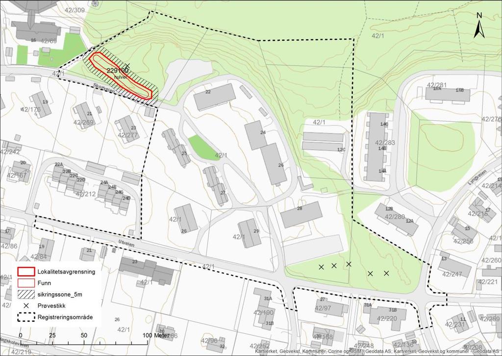 Sk o g v e i e n s t u d e n t b o l ige r Kart 1: Oversikt over planområdet (stiplet svart linje) med prøvestikk og automatisk fredet kulturminne id229100.