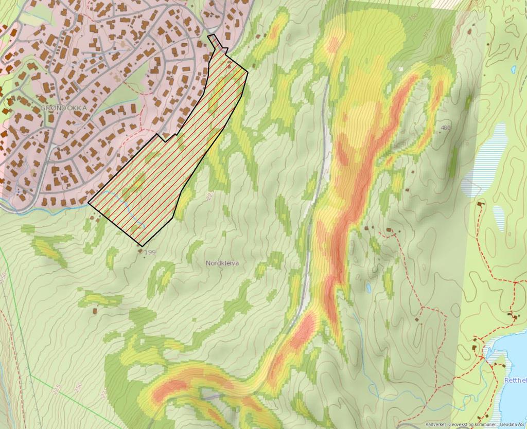 Figur 5: Helningskart som viser partier i skråningen som er brattere enn 25 (grønt), 30 (grønngult), 35 (gult), 40 (oransje) og 45 (rødt). Klima Klimadata er hentet fra senorge.