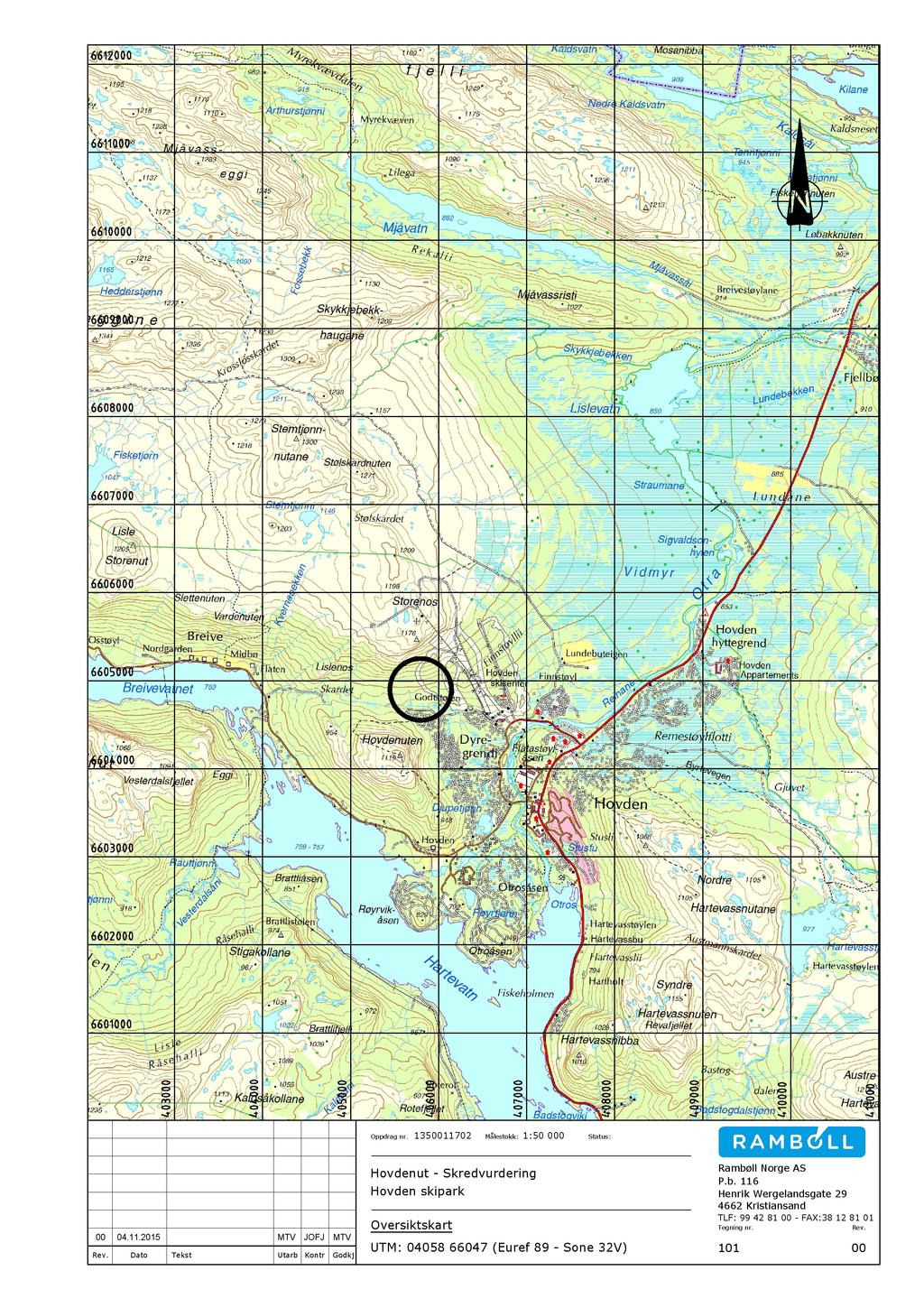 Oppdrag nr. 1350011702 Hovdenut 0nOHVWRNN1: 50 000 Status: - Skredvurdering Hovden skipark Oversiktskart 00 04.11.2015 Rev. Dato 5DPE OO 1 RUJH $6 P.b.