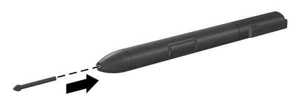 Penn og kommandoknapper (kun på tavle-pc-modeller) Skifte pennespissen Bruk klemmen som leveres sammen med pennen, for å ta ut den brukte spisses. Slik tar du ut den brukte pennespissen: 1.