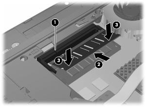 c. Dytt minnemodulen (3) forsiktig ned ved å trykke på både venstre og høyre side av minnemodulen, helt til festeklipsene klikker på