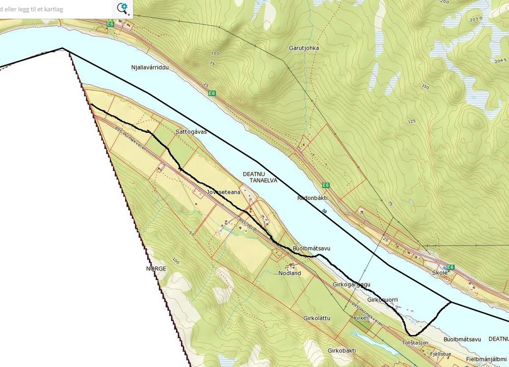 Kart 6.1. Forslag til løype mellom finskegrensen og Polmak tollstasjon (trasé på land). Traséen på elveisen er forskriftsfestet per 2014 og beholdes i tillegg.
