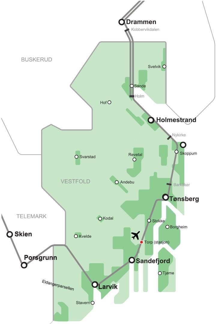 Upgrade of the Vestfold line from single track to double track 250 km/h Kobbervikdalen-Skoger 1995 Skoger-Holm 2001 Nykirke krysningsspor 2002 Barkåker-Tønsberg 2011